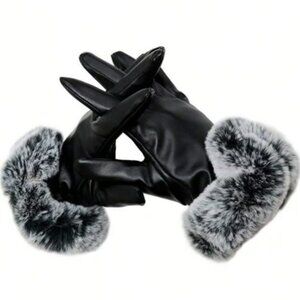Black Women's Pu Leather Faux fur Gloves NEW mob wife trend winter fashion